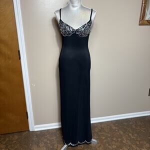 Nom de Plume Womens Black Maxi Dress Spaghetti Straps Rhinestones Sequins Sz M